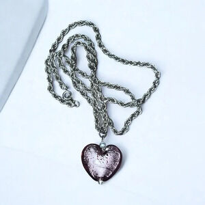 Murano Glass Pearl Heart Pendant Silver Rope Chain Necklace *read